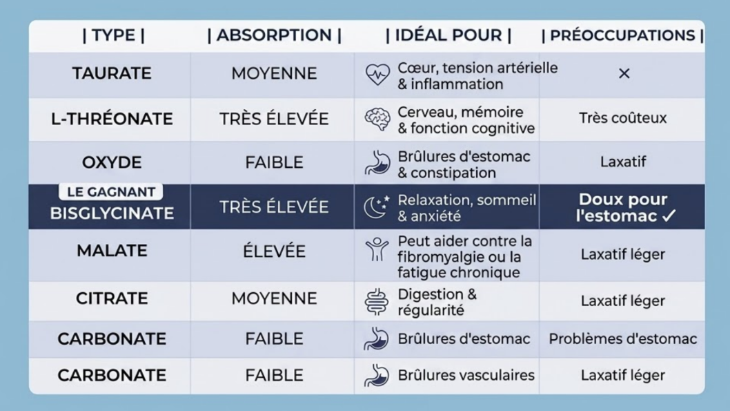 Tableau comparatif des formes de magnésium