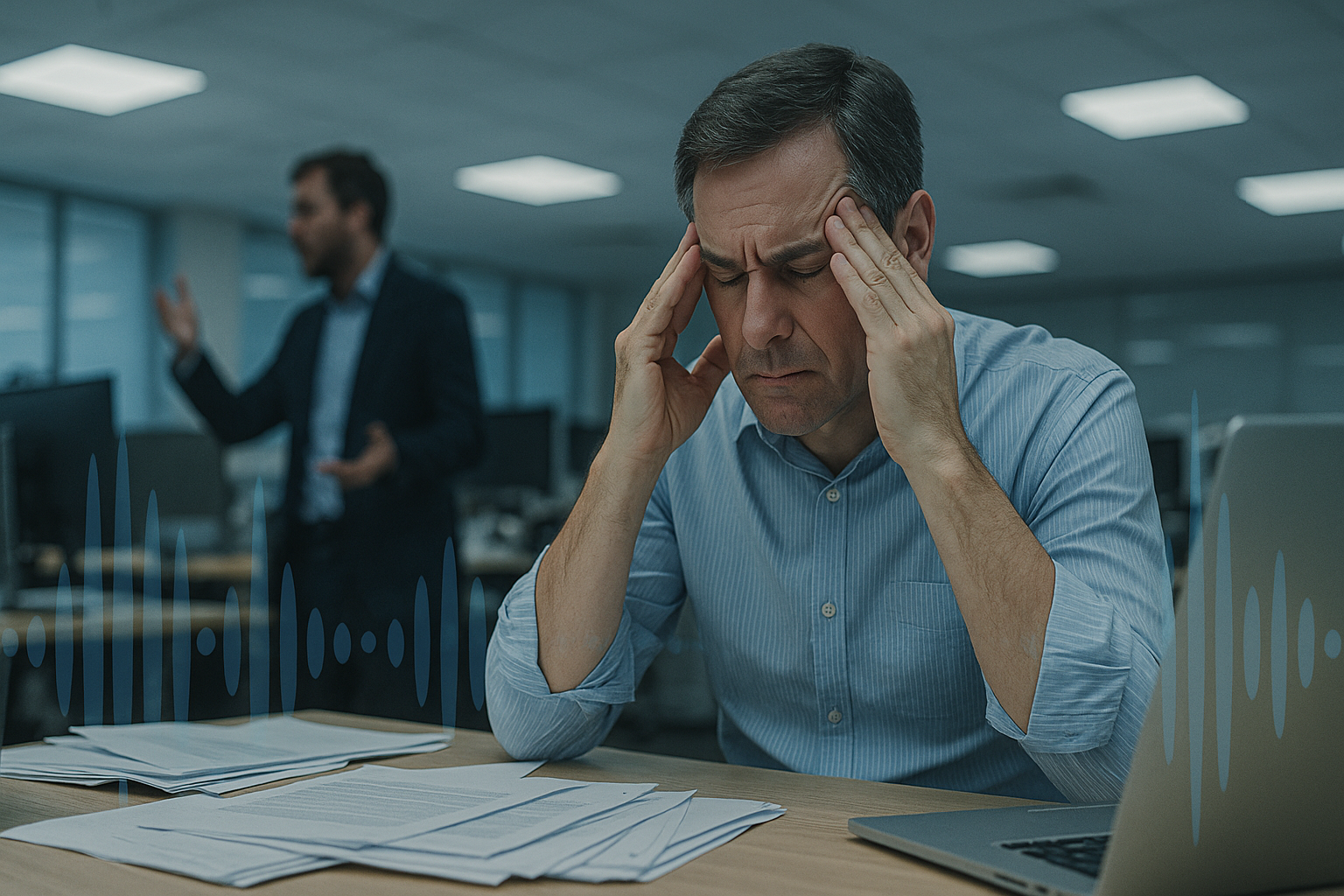 Mand på arbejde med gener fra tinnitus