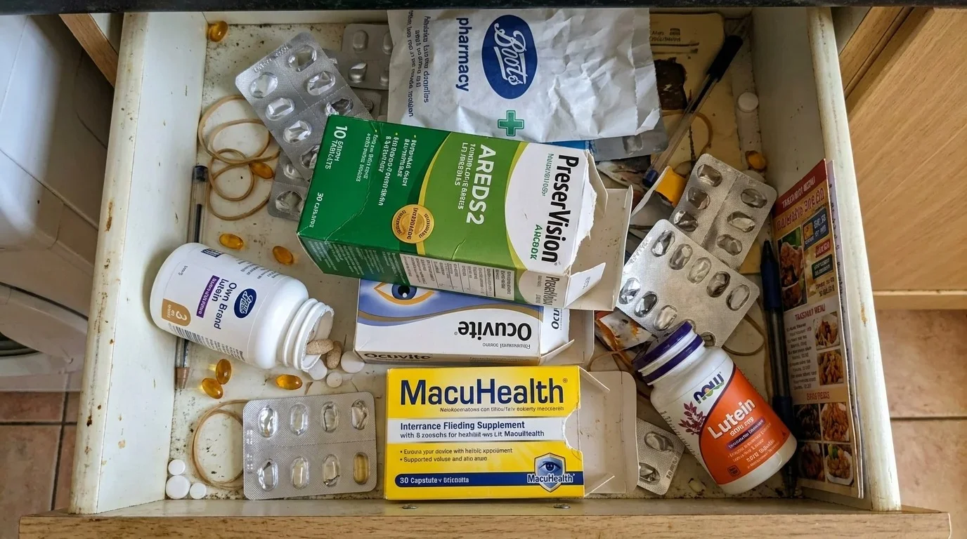 Skuffe med øjentilskud og medicin