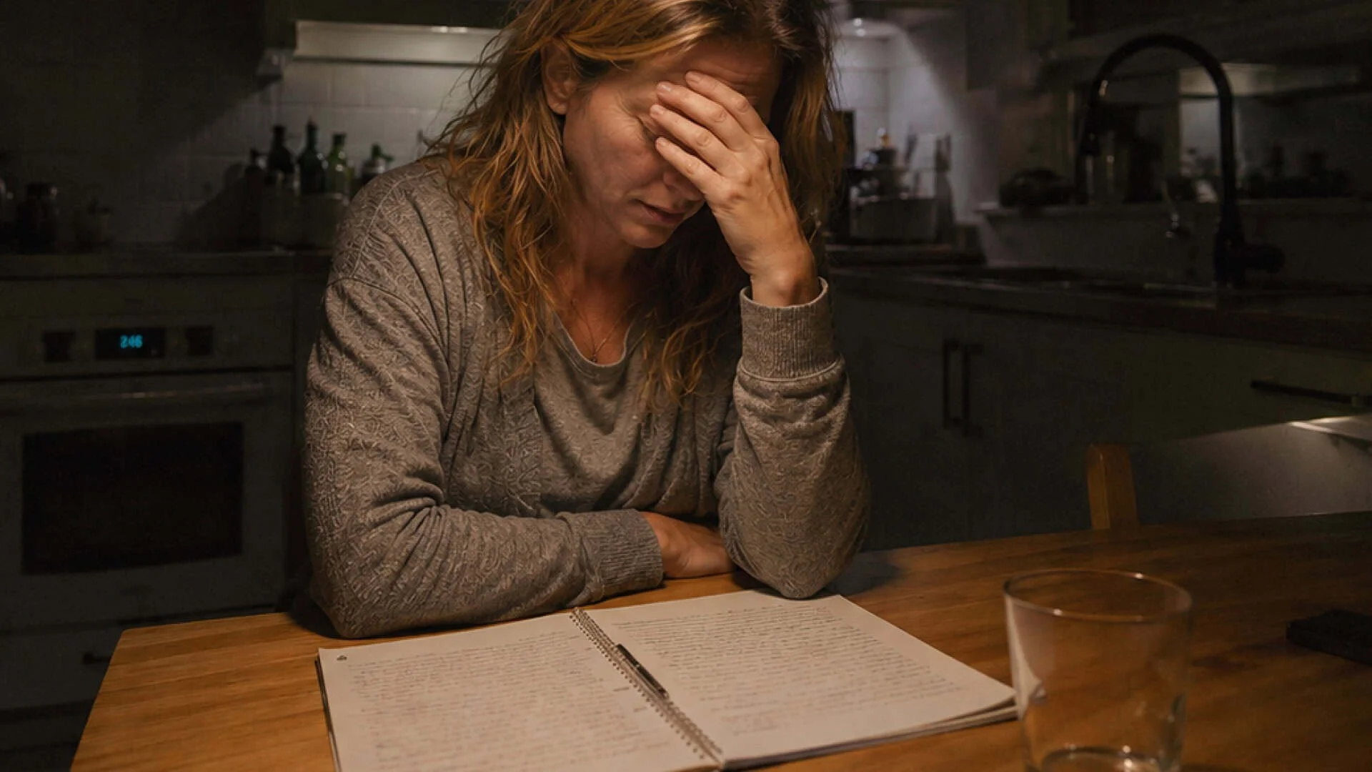 Claire Martin désespérée à la table de la cuisine