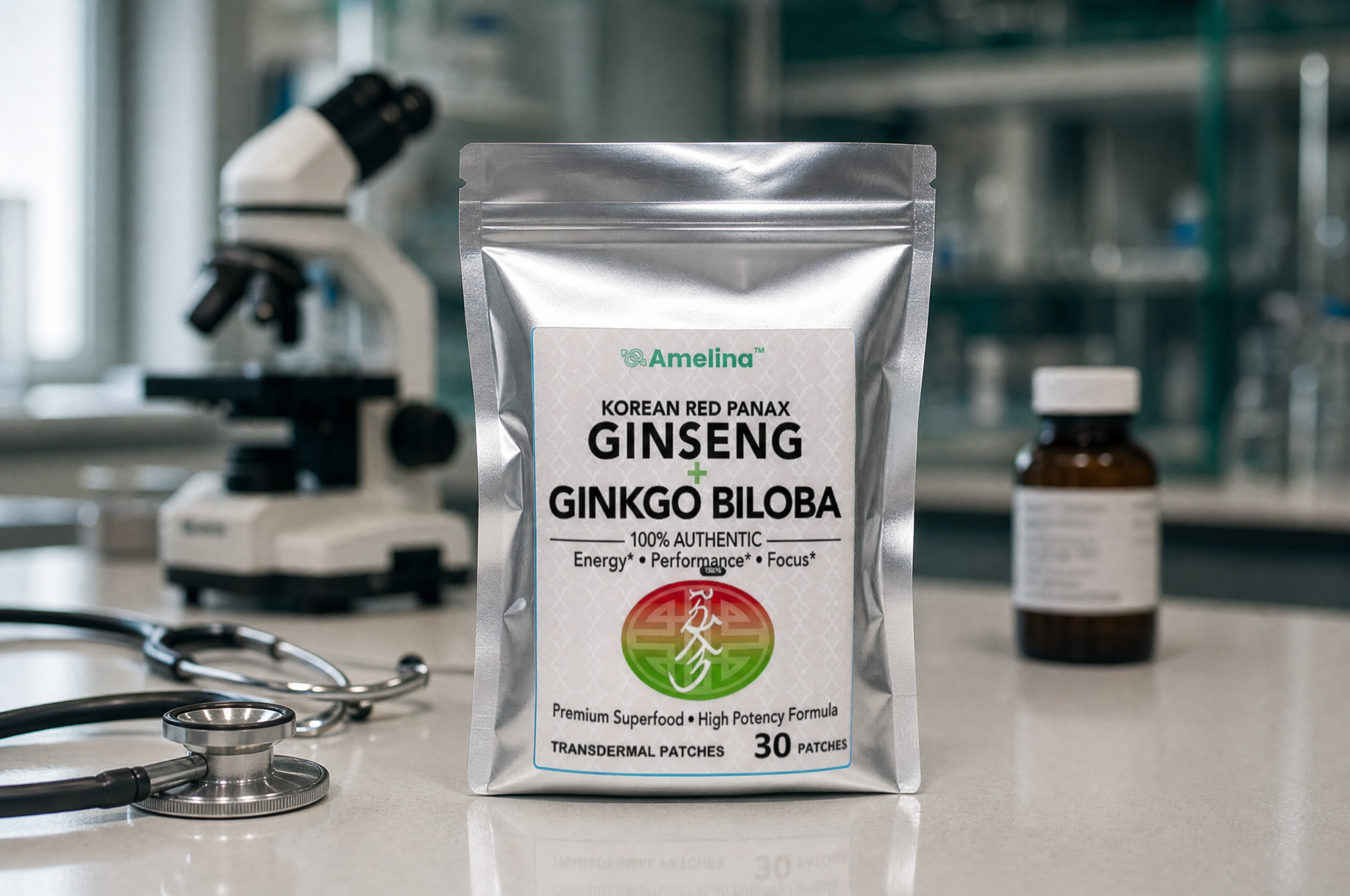 Sachet de patchs transdermiques Amelina™ au ginseng et au ginkgo biloba
