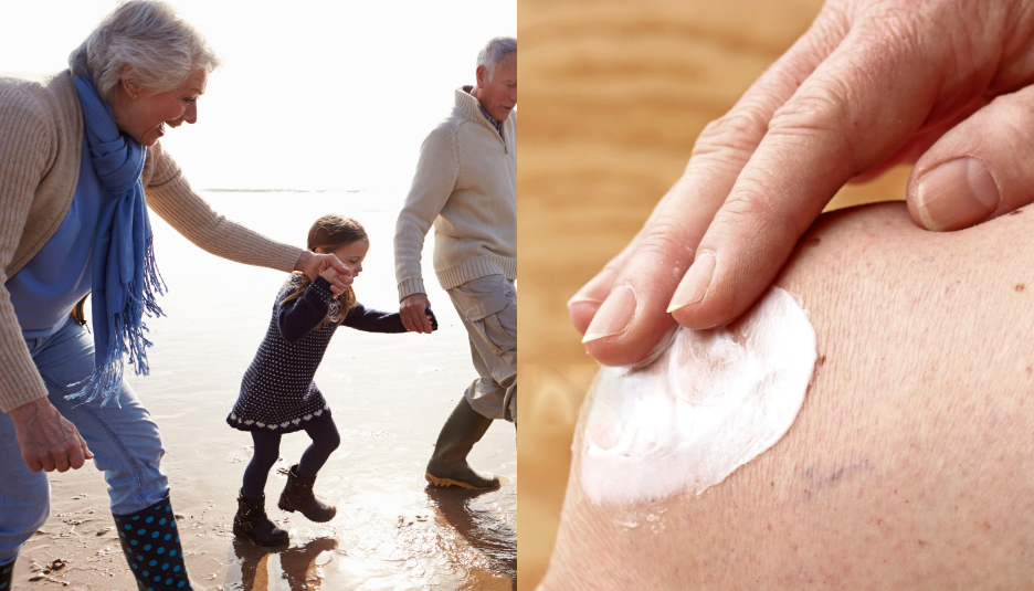 Aktivt familieliv og påføring af creme på knæet