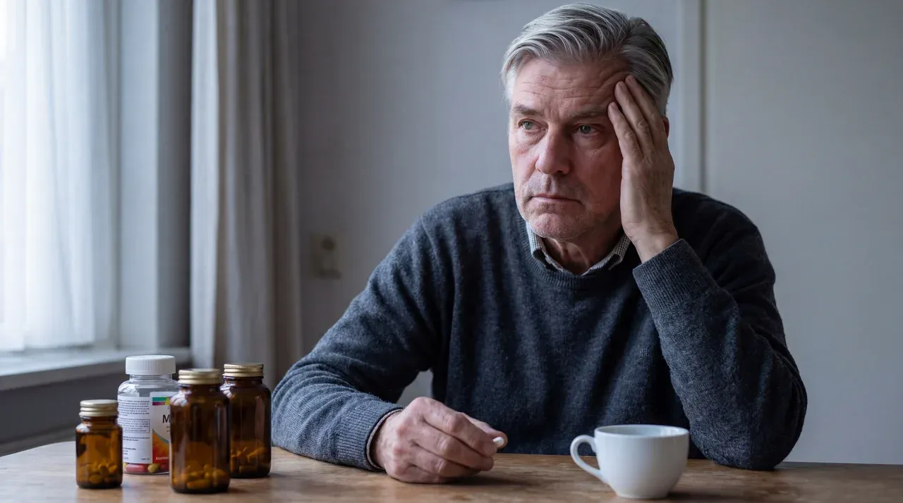 Mand ved et bord med vitaminbeholdere