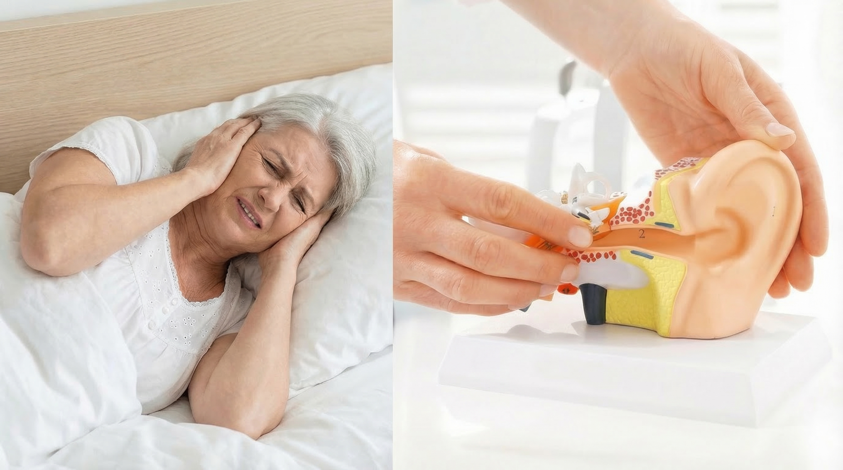 Kvinde med tinnitus og model af et øre