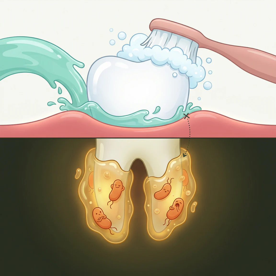 Illustration af tandkød og bakterier
