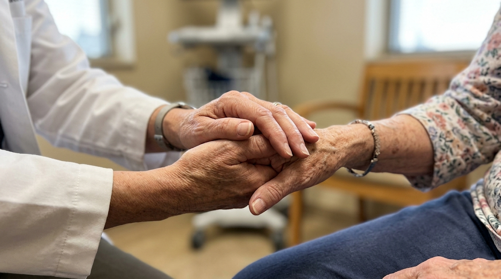 Læge holder en ældre patients hånd