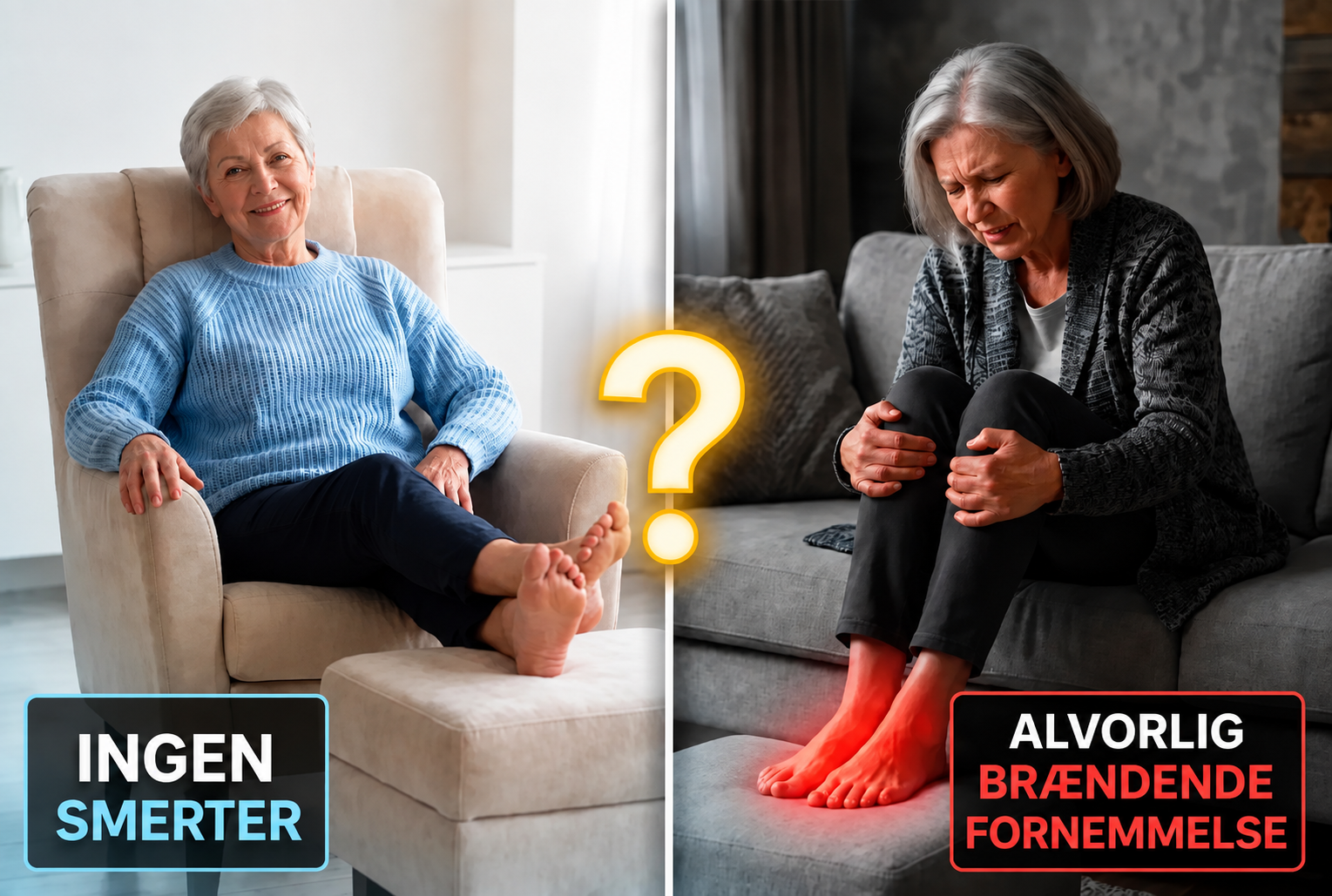 Sammenligning af fødder uden smerter og alvorlig brændende fornemmelse