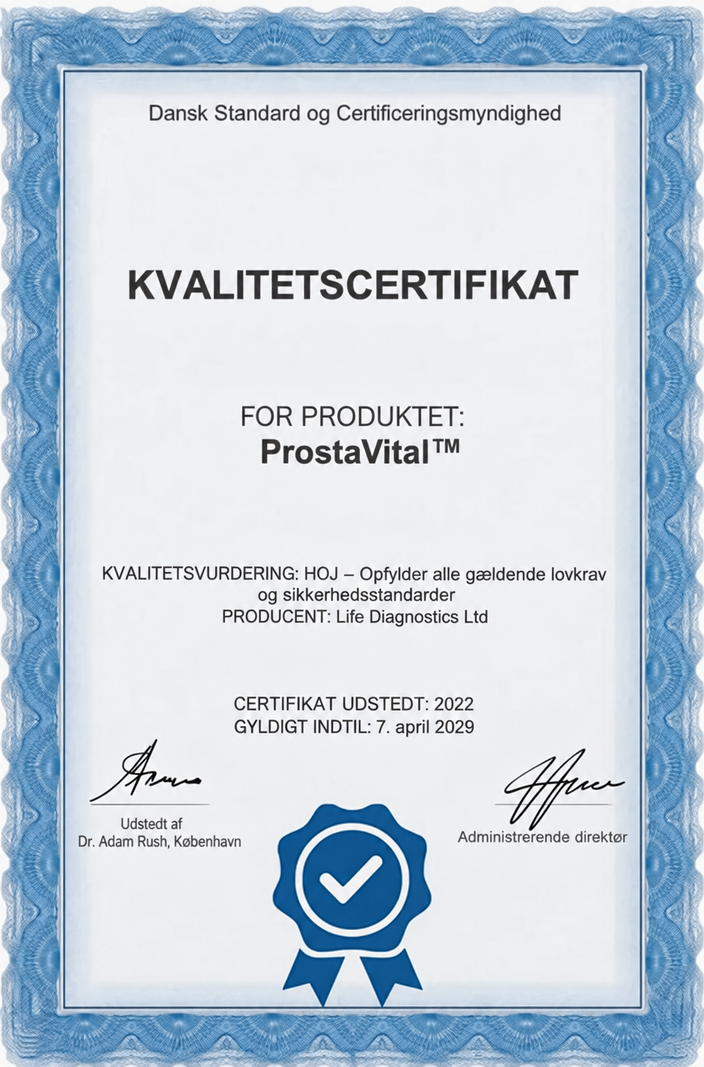 Kvalitetscertifikat for ProstaVital™
