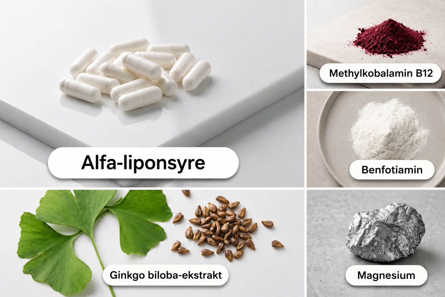 Alfa-liponsyre, B12, benfotiamin og magnesium