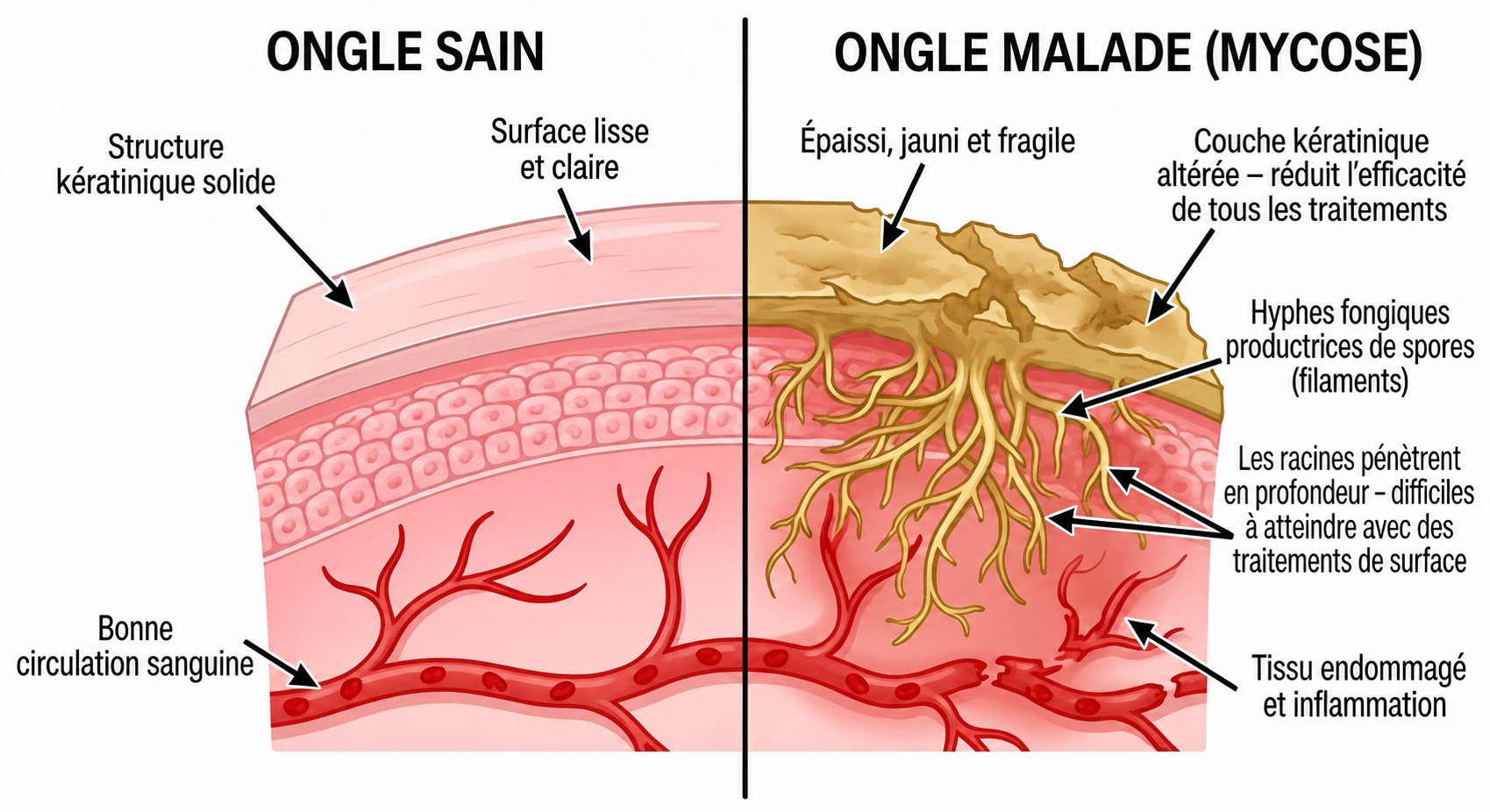 Comparaison entre un ongle sain et un ongle mycosé