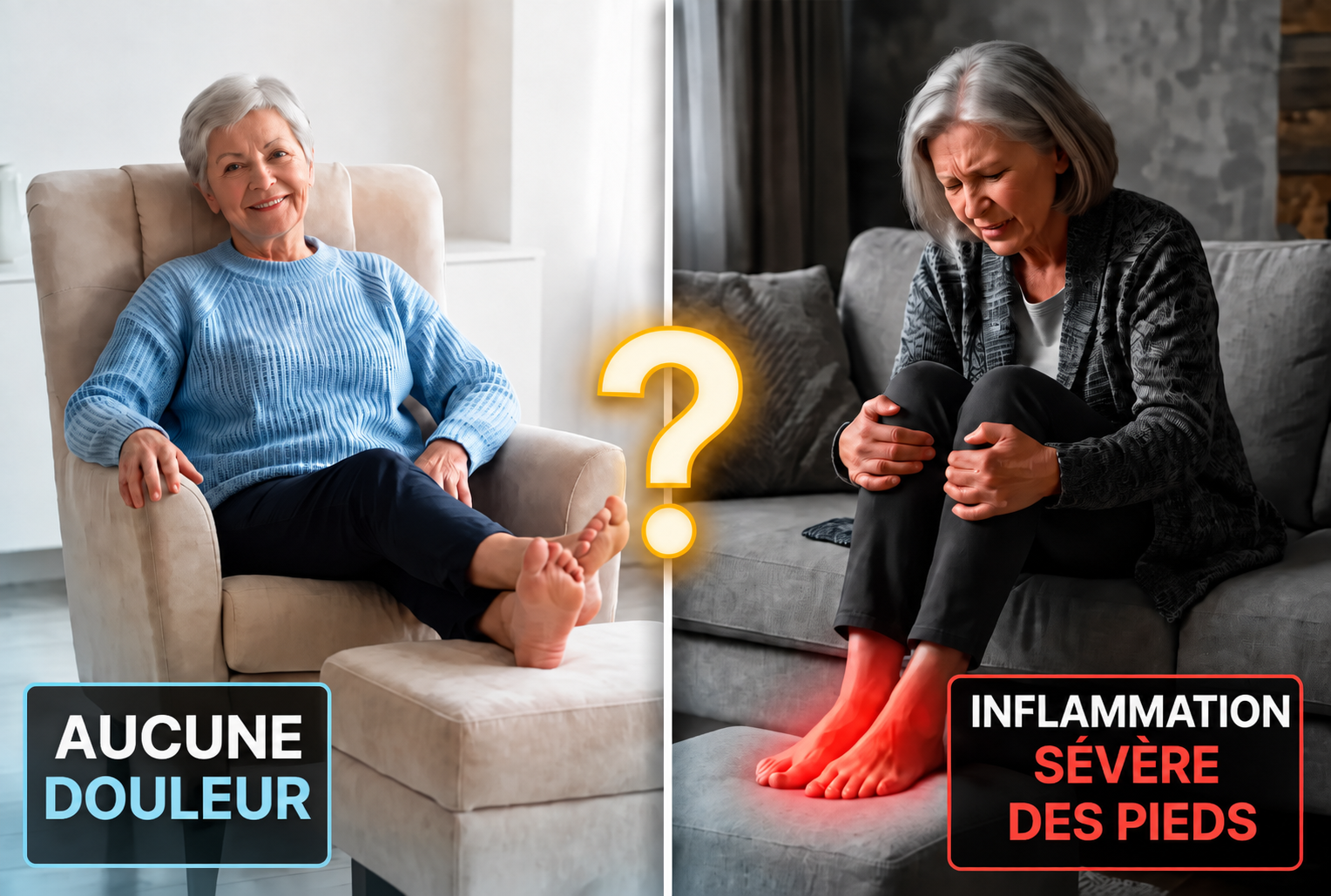 Comparaison entre des pieds sans douleur et une grave sensation de brûlure
