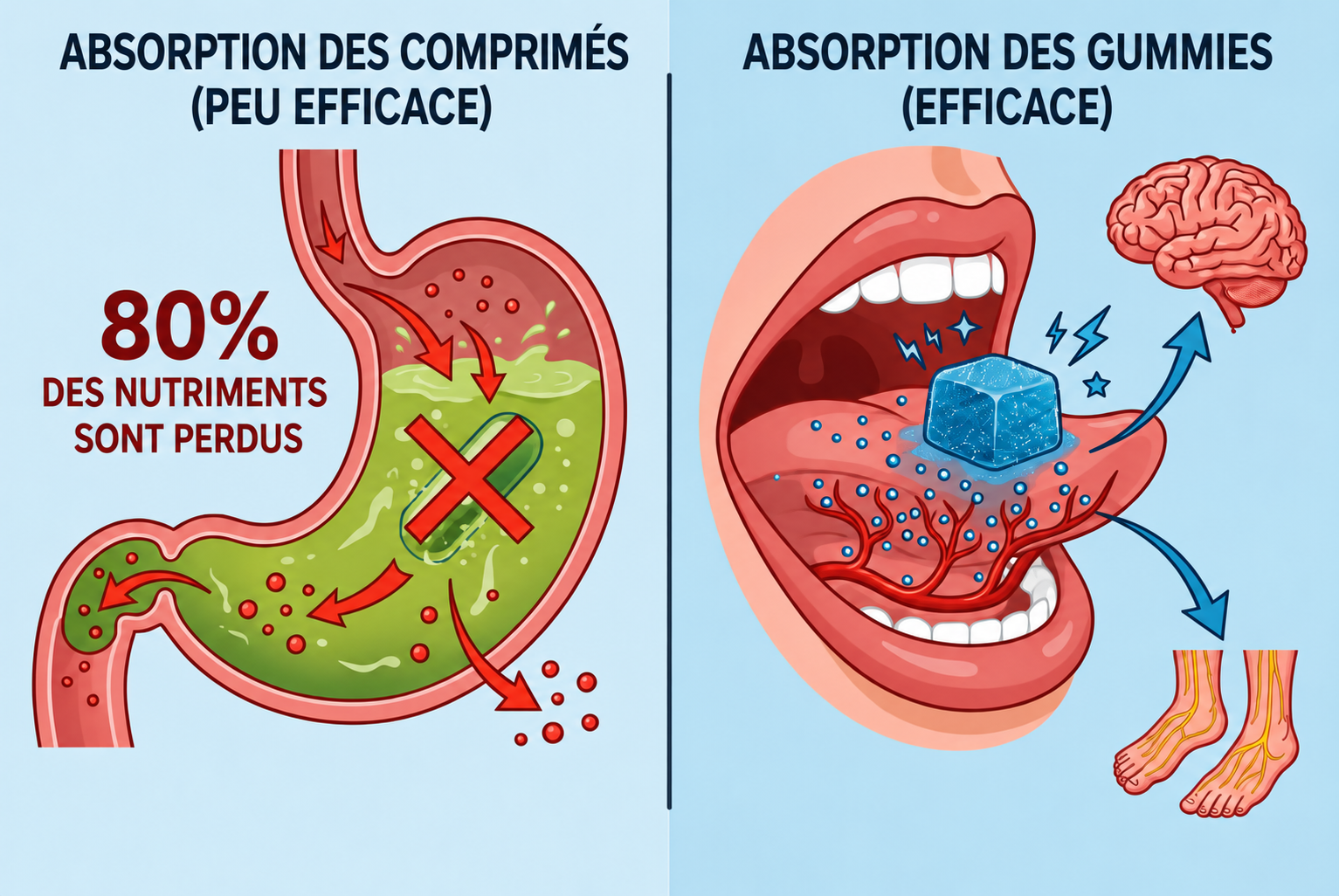 Absorption des comprimés comparée à celle des gummies